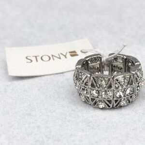 Stony Silver Tone Crystal Ring Wide Band Statement Cocktail Ring, NWT
